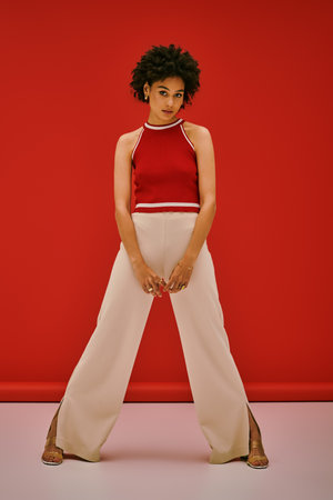 A confident young woman in trendy attire stands out against a bold backdrop.