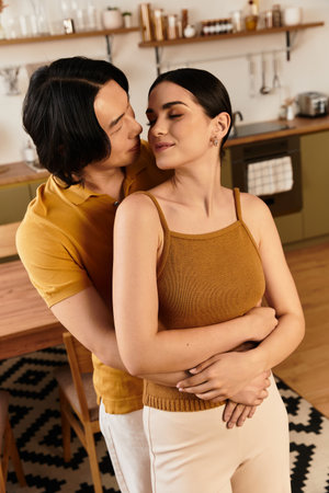A loving couple shares an intimate moment at home, surrounded by a cozy kitchen ambiance.