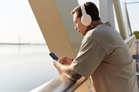 A young man strolls by the river, absorbed in music through his headphones while checking his phone.