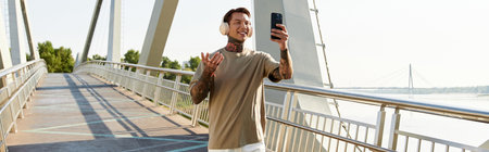 A cheerful young man strolls on a bridge, enjoying his music and capturing a moment on his phone.