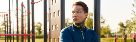 A handsome young man strolls confidently through a vibrant park filled with greenery.