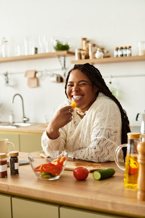 A young African American woman enjoys cooking and smiles while preparing a vibrant salad.の写真素材