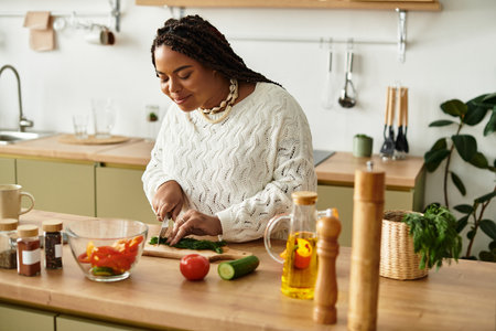 A young woman skillfully prepares a colorful salad at home, mixing fresh ingredients with care.