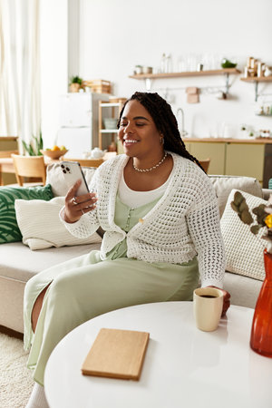 A young African American woman relaxes at home, sipping coffee and engaging with her phone.