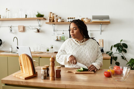 In a cozy kitchen, a young Black woman skillfully makes a fresh salad.