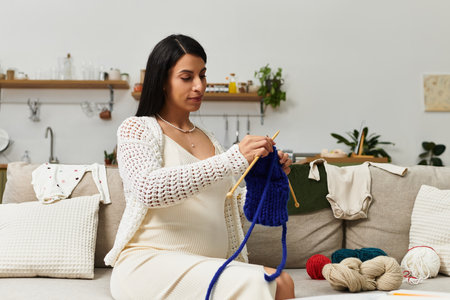 A young woman joyfully knits a blue garment, celebrating her pregnancy at home.