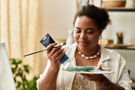 Woman paints on a palette, expressing creativity in a cozy, well lit crafting space.
