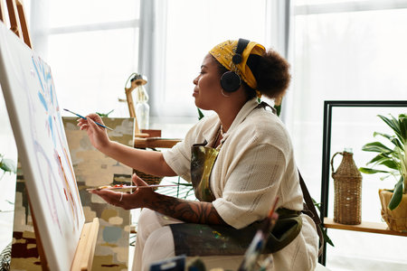 A skilled woman paints, immersed in a vibrant, inspiring crafting atmosphere.