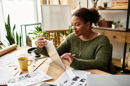 In a lively workshop, a beautiful woman passionately explores her creative art.