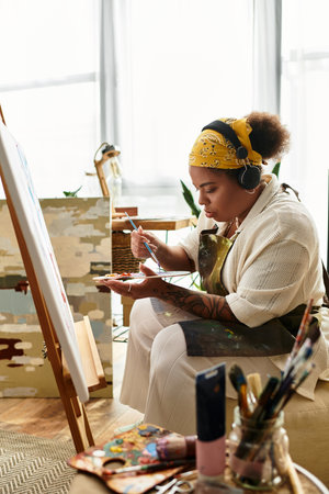 A woman joyfully crafts in a workshop filled with art supplies and bright light.のeditorial素材