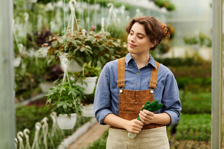 A young woman with a green thumb enjoys nurturing various plants in a vibrant greenhouse.の写真素材