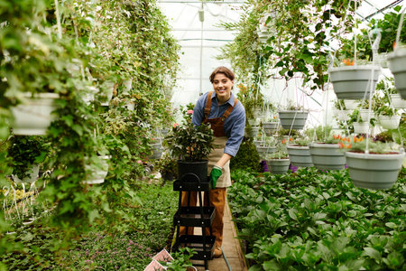 Young woman cultivates thriving greenery in an enchanting greenhouse filled with life.