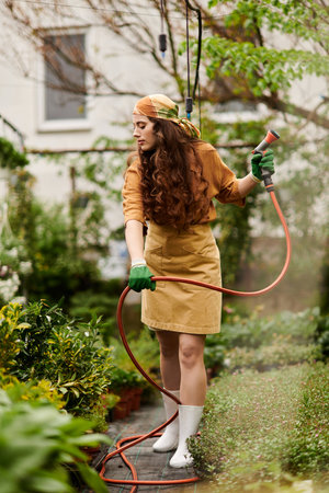 A gardener wearing a headscarf waters plants in a lush greenhouse, radiating joy and tranquility.の写真素材