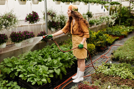 A cheerful gardener tends her thriving plants in the greenhouse, dressed in an apron and headscarf.の写真素材