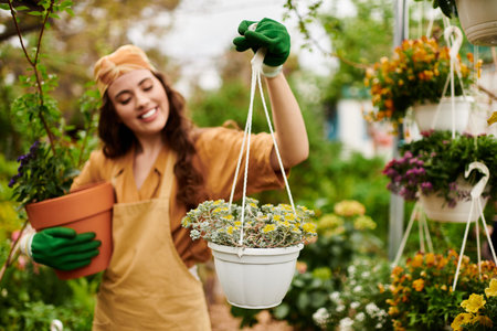 A happy female gardener in a headscarf smiles while caring for lush plants in a serene greenhouse.の写真素材