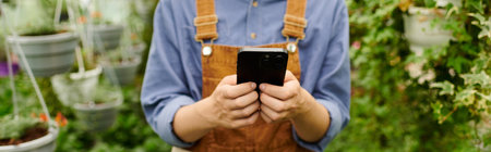 A young gardener nurtures her plants in a colorful greenhouse, checking her phone for tips, bannerの写真素材