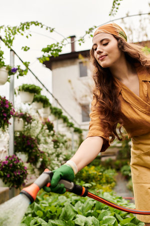 A young woman in a headscarf waters lush plants, bringing life to her greenhouse sanctuary.の写真素材
