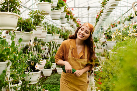 A young woman in a headscarf tends to thriving plants in a lively greenhouse filled with blooms.の写真素材