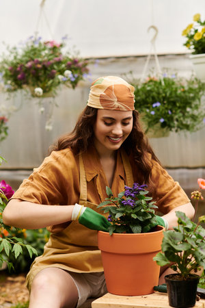A happy woman in a headscarf works with soil and plants in a bright greenhouse, nurturing life.の写真素材
