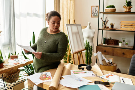 A focused woman explores her artistic creations in a vibrant crafting workshop surrounded by plants.
