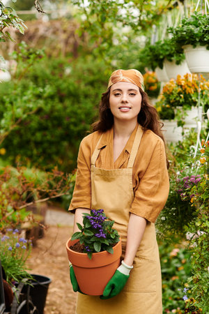 In a serene greenhouse, a young woman tends to her vibrant plants while wearing a headscarf.の写真素材