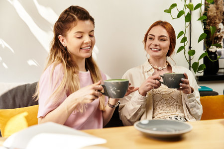 Two young women enjoy warm drinks and laughter in a trendy cafe, basking in friendship.
