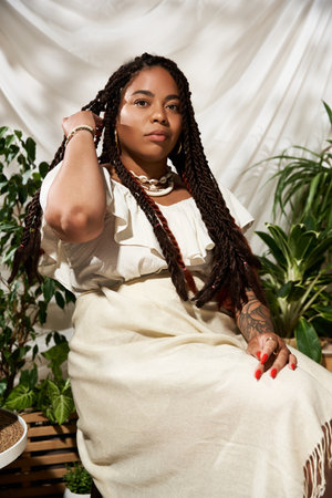 A beautiful Black woman in a summer dress poses gracefully among lush green plants.