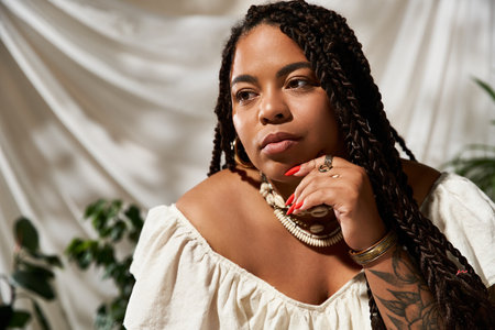 A confident African American woman with braids poses in a summer dress among green plants.