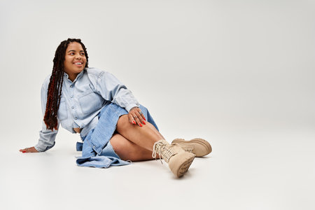 A beautiful Black woman with braids poses gracefully in denim against a grey backdrop.のeditorial素材