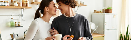 A loving couple enjoys a tender moment at home, smiling and sharing a light snack in their kitchen.