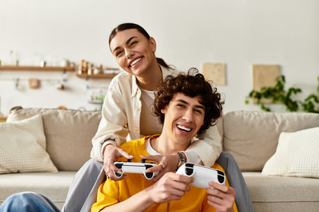 A happy couple shares a cozy gaming night at home, filled with joy and togetherness.