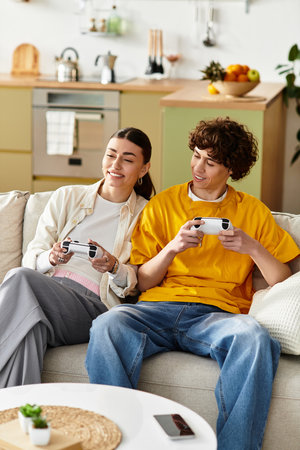 Couple shares laughter and fun while gaming on a comfortable sofa at home.