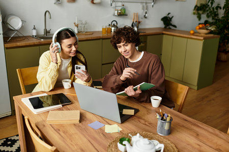 Loving partners share a cozy moment at the table, bonding over tasks and laughter.