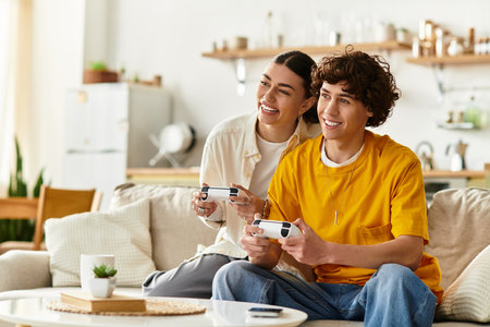 Couple smiles joyfully while playing video games together on the couch in their home