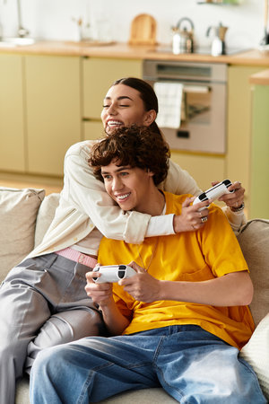 Couple enjoys a fun night together, playing video games on the sofa and sharing joyful moments.