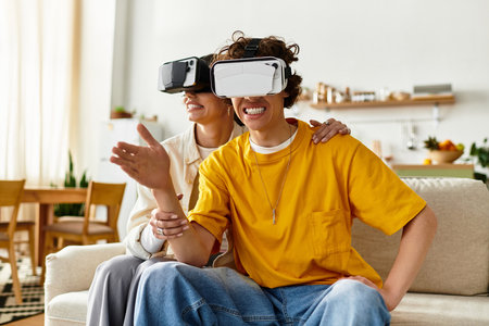 A happy couple enjoys laughter exploring virtual reality in their chic living room.