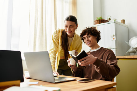 A man and woman share laughter and warmth while working on a laptop at their kitchen table.の写真素材