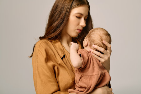 A young mother shares a tender moment with her child in a cozy, loving atmosphere.のeditorial素材