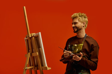 Handsome young man smiles while holding paintbrush and palette in artistic studio.