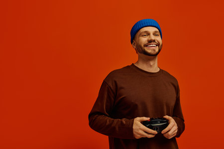 Handsome young man holds gaming controller, smiling widely against a vibrant orange backdrop.