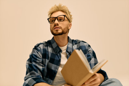 Captivating young man with blonde hair and glasses enjoys reading a book in a serene indoor setting.のeditorial素材