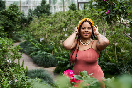 A pretty African American woman in a dress enjoys her time among tropical plants in a greenhouse.