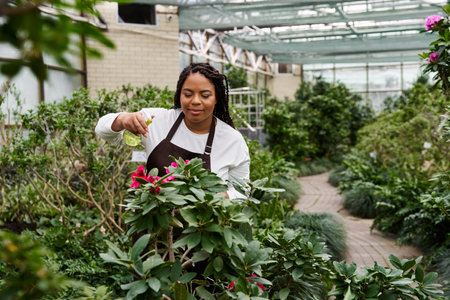 An African American woman with braids carefully nurtures blooming plants in a greenhouse.