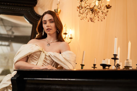 Draped in an elegant vintage dress, a young woman radiates bliss beside soft candlelight.の写真素材