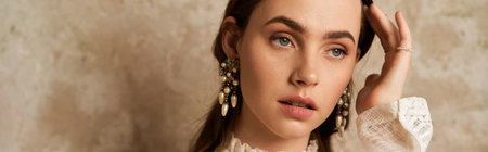 A beautiful woman stylishly poses, highlighting her elegance and charm, banner