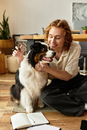 A young man enjoys quality time with his dog while relaxing at home, sharing smiles and warmth.