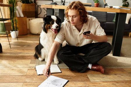 A young man sits comfortably on the floor with his dog, engaging in study material at home.