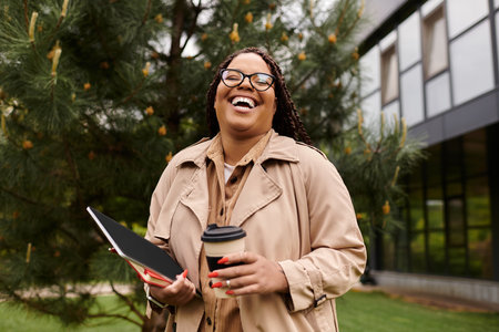 University teacher shares a delightful moment on campus, balancing a tablet and coffee cup.のeditorial素材