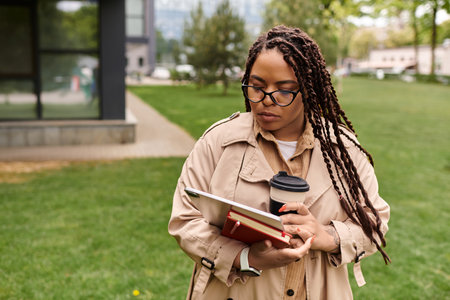 A university teacher reads her tablet in a sunny park, coffee in hand.