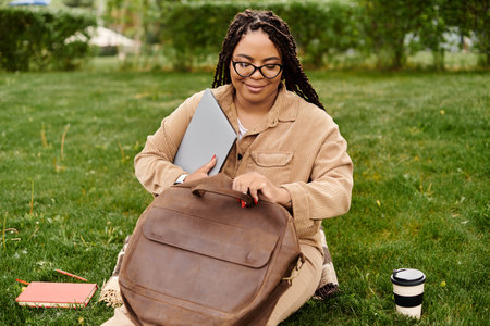 A dedicated teacher organizes her materials on lush green grass, surrounded by nature.